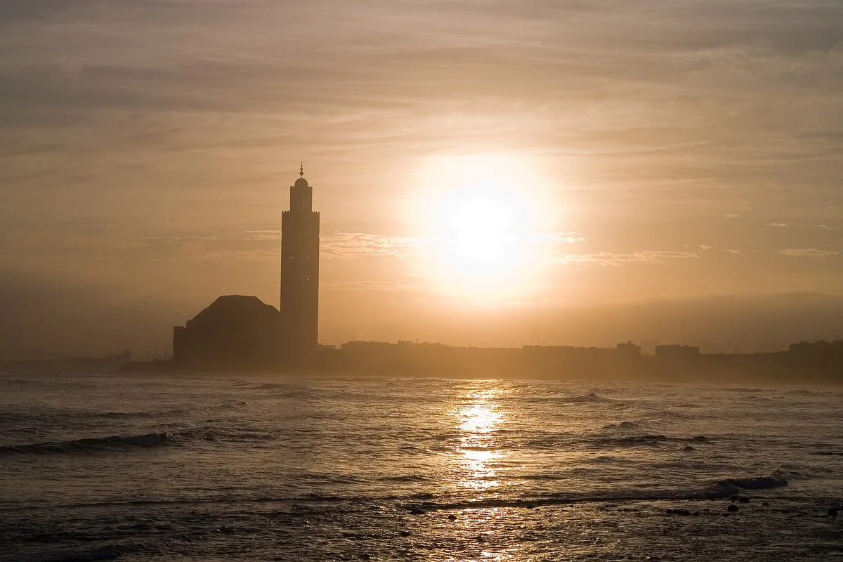 The Hassan II Mosque on Casablanca’s Atlantic coast at sunset