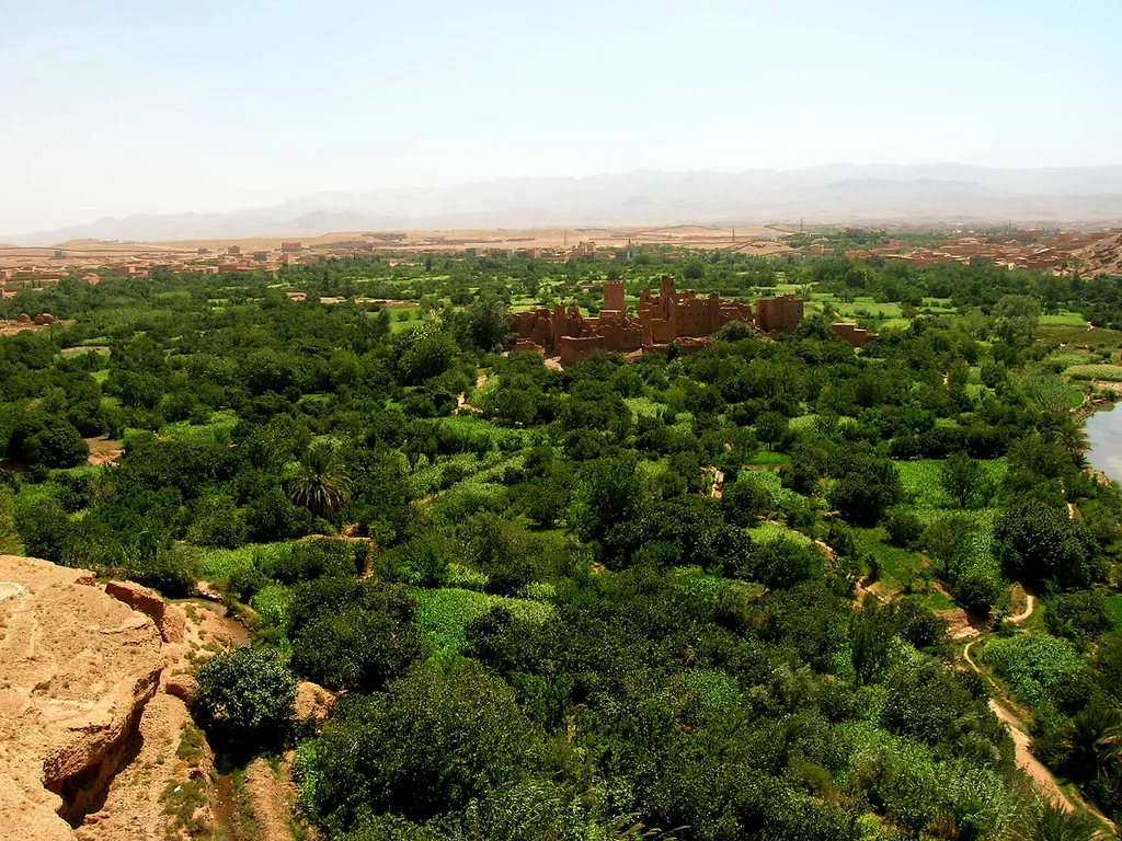 Green gardens and earthen buildings near Kalaat M’Gouna