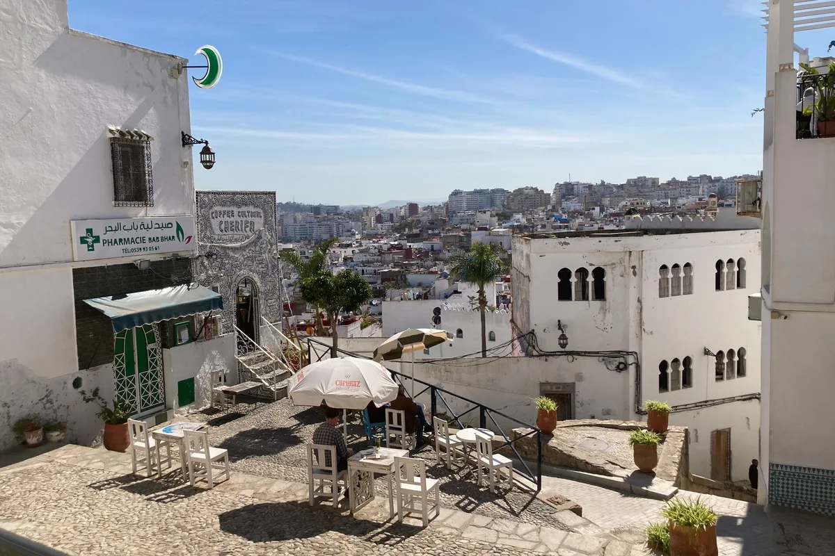 White buildings and a view across Tangier from the medina